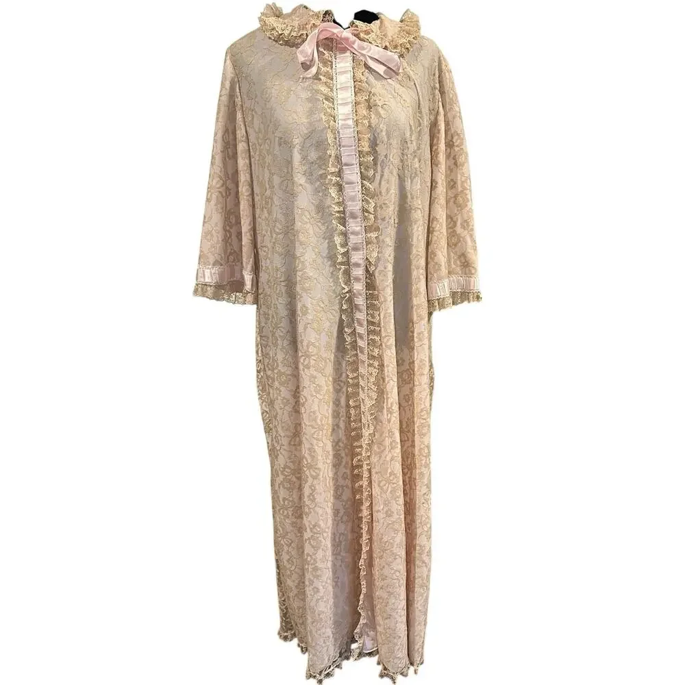Odette Barsa Pink Lace Sheer Peignoir Maxi Robe Coquette Regency